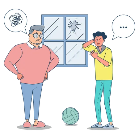 Old man scolding young boy for breaking window  Illustration