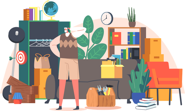 Old Man Scratching Head Searching Things in Messy Room Illustration