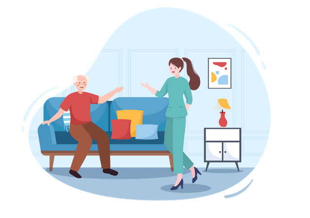 Old Man Seating On Couch and nurse taking care  Illustration