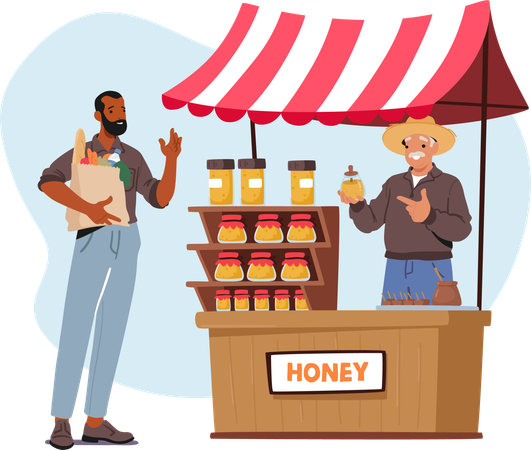 Old man sells honey jar  Illustration