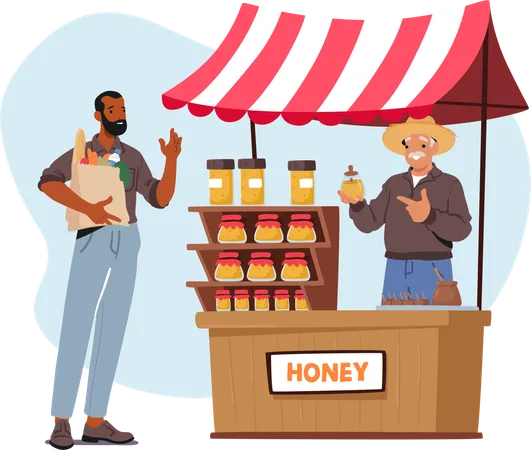 Farmer Character Smiling Warmly Showcases Jars Of Golden Honey At His Bustling Market Stall Engaging With Customers Eager To Taste His Sweet Natural Harvest Cartoon People Vector Illustration Illustration