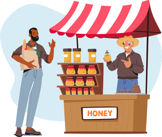 Old man sells honey jar  Illustration