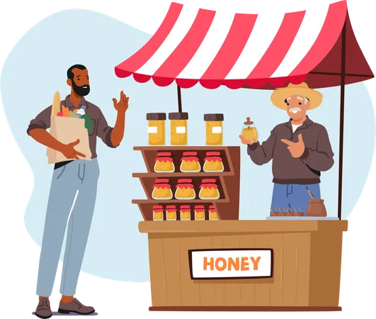 Old man sells honey jar  Illustration