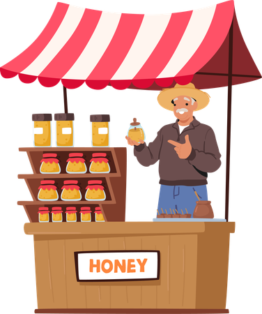 Old man sells honey on streets  Illustration