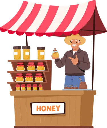 Friendly Farmer Character Proudly Sells Golden Pure Honey Harvested From His Thriving Bee Hives At Market Stall Enticing Customers With Its Natural Sweetness Cartoon People Vector Illustration Illustration