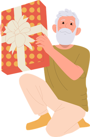Old man shaking box rejoicing gift with congratulation for birthday  Illustration