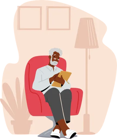 Old man sitting on armchair reading a book  Illustration