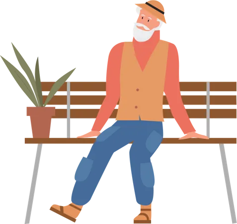 Old man sitting on wooden bench  Illustration