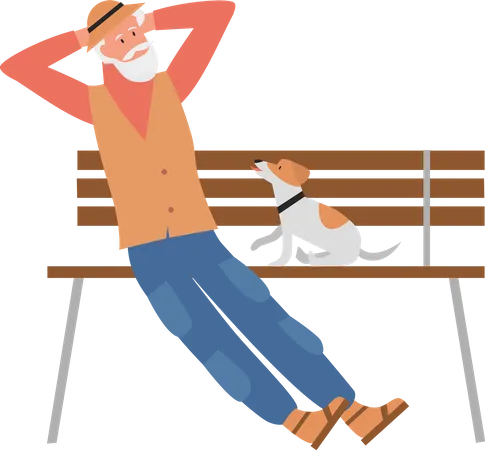 Old man sitting on wooden bench and thinking something  Illustration