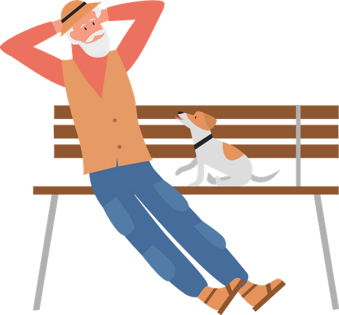 Old man sitting on wooden bench and thinking something  Illustration