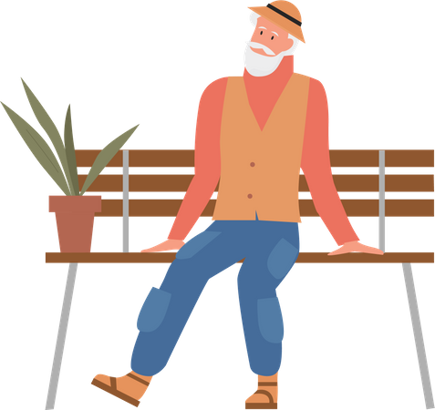 Old man sitting on wooden bench  Illustration