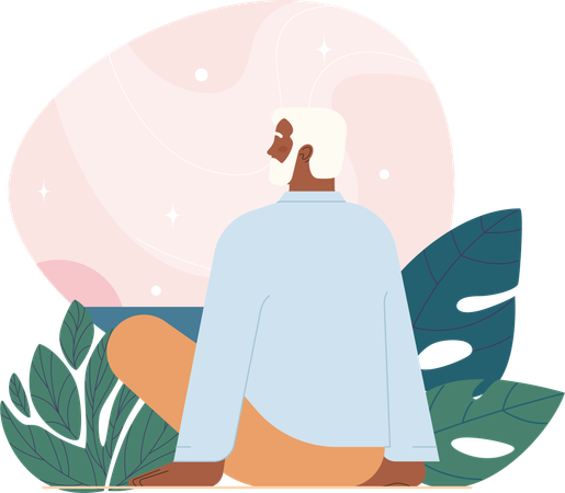 Old man sitting outdoor and feeling relax  Illustration
