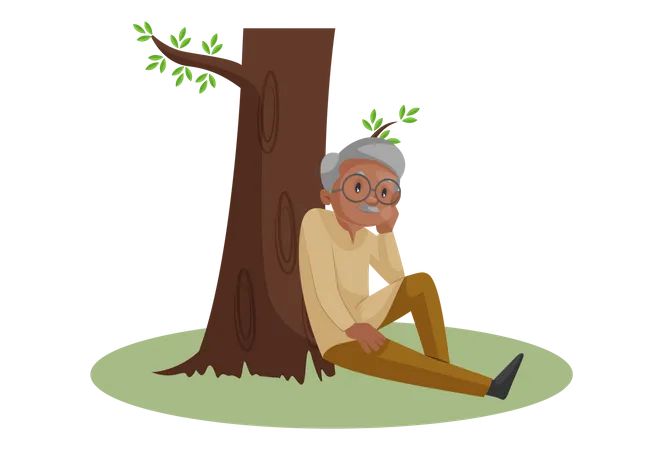 Old man sitting under a tree and thinking something  Illustration