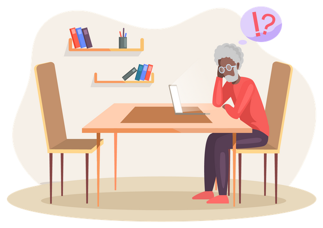 Old man sitting with computer is confused  Illustration