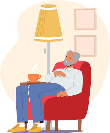 Old man sleeping on armchair while having cup of coffee Illustration