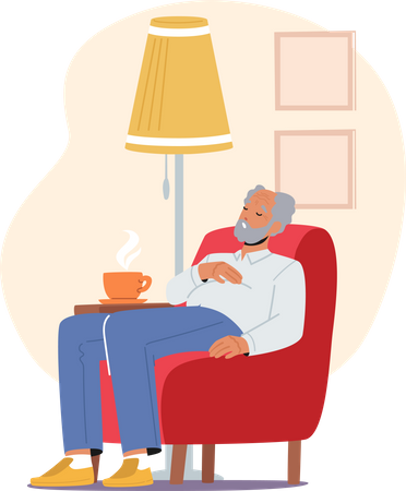 Old man sleeping on armchair while having cup of coffee  Illustration