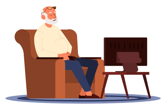 Old man sleeping on armchair while watching TV  Illustration