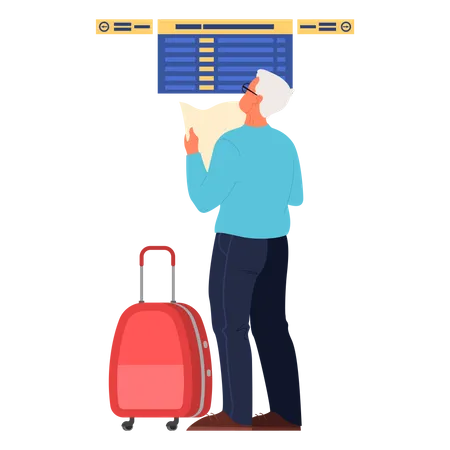 Old man standing at boarding screen at the airport Illustration