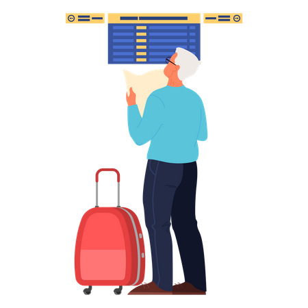 Old man standing at boarding screen at the airport  Illustration