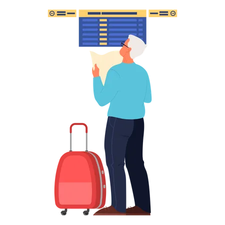 Old man standing at boarding screen at the airport  Illustration