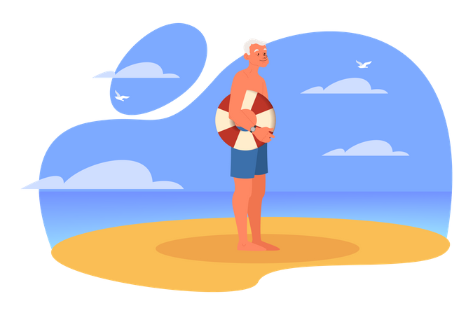 Old man standing on beach Illustration