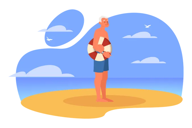 Happy And Active Senior Spending Time On The Beach Retired Man On His Summer Vacation Old Man In A Swimsuit Vector Illustration In Cartoon Style Illustration