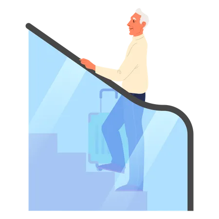 Old man standing on escalator at the airport Illustration