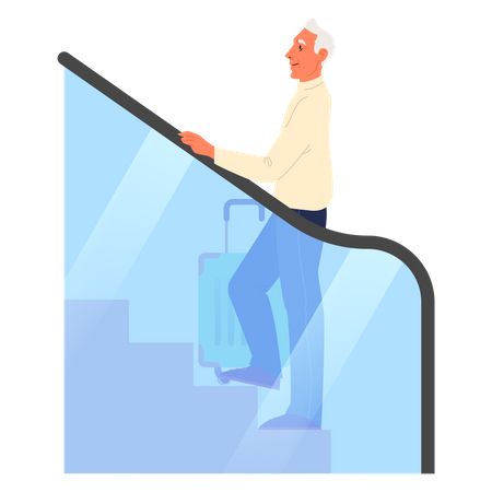 Old man standing on escalator at the airport  Illustration