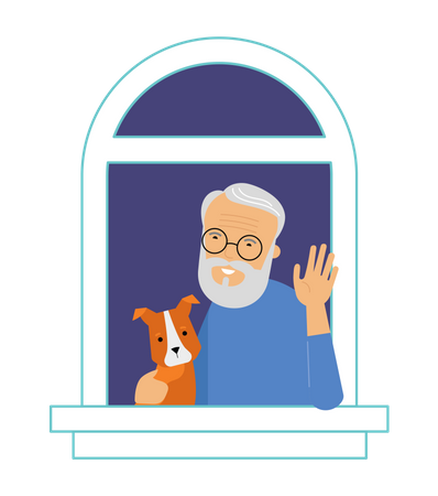 Old man standing with his dog in window Illustration