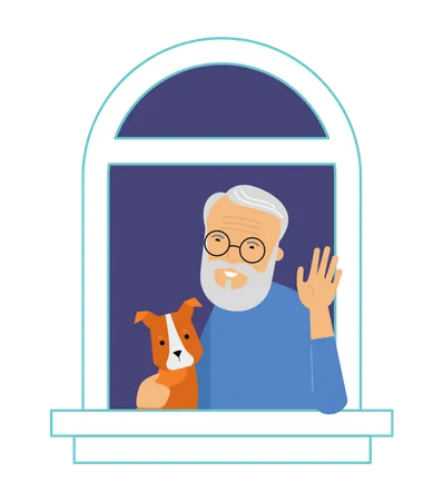 Old man standing with his dog in window Illustration