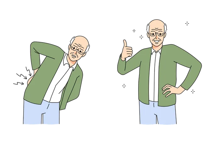 Old man suffer from backache before and after  Illustration