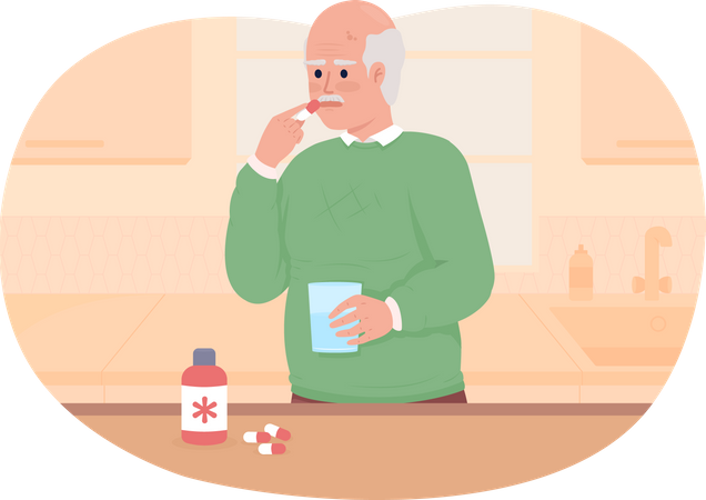 Old man taking medicine at home  Illustration
