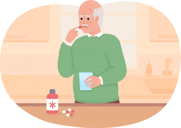 Old man taking medicine at home  Illustration