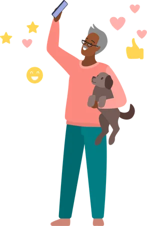 Old man taking selfie with dog  Illustration