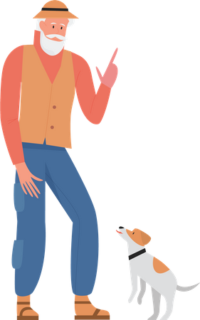Old man talking with dog  Illustration