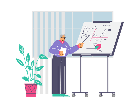 Old man teacher explaining and pointing on board with graphs and formulas  Illustration
