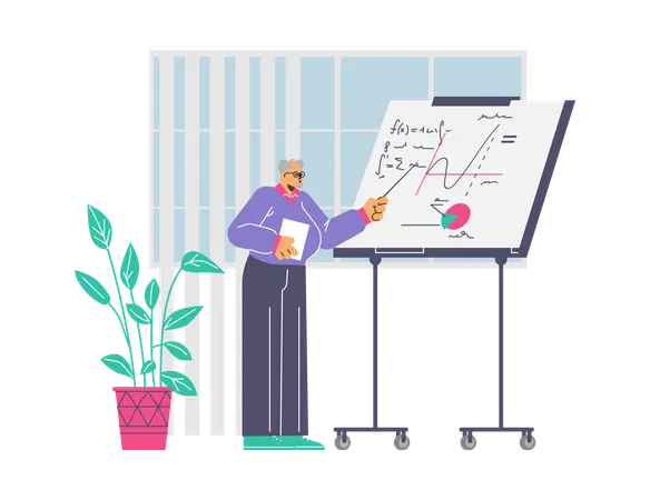 Old man teacher explaining and pointing on board with graphs and formulas  Illustration