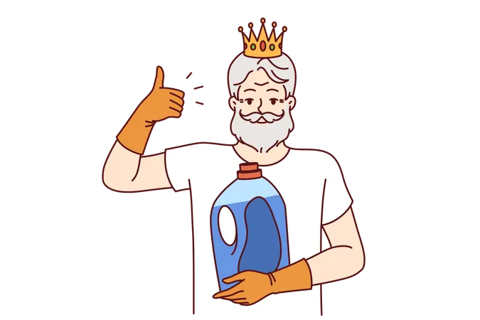 Older Man Holds Bottle Of Detergent And Gives Thumbs Up Recommending Quality Liquid Fabric Softener Bearded Pensioner With Golden Crown On Head Advertises New Brand Of Detergent Illustration