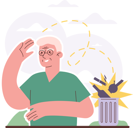 Old man throwing alcohol bottle in dustbin  イラスト
