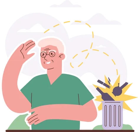 Old man throwing alcohol bottle in dustbin  イラスト