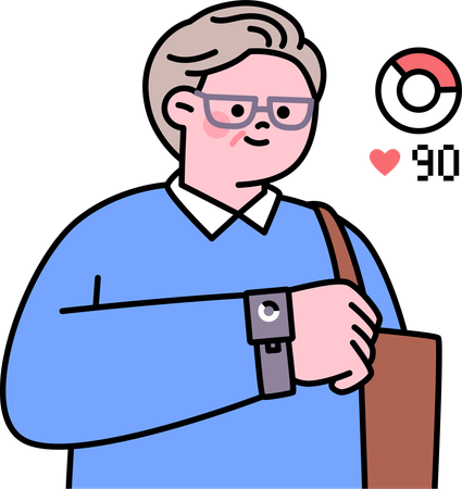 Old man tracks his heartbeat using smartwatch  Illustration