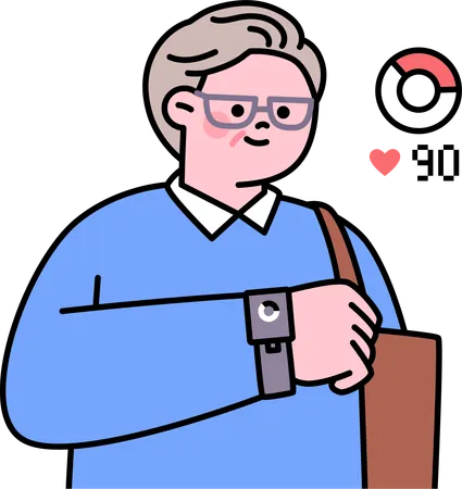 Old man tracks his heartbeat using smartwatch  Illustration