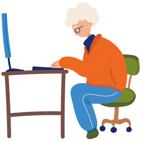 Old man typing computer  Illustration