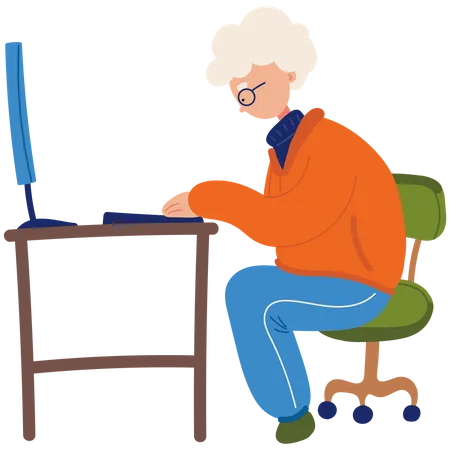 Old Man Typing Computer Vector Illustration In Flat Color Design Illustration