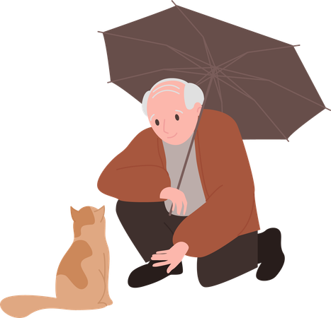 Old man under umbrella with dog  Illustration