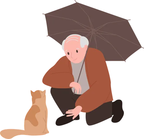 Old man under umbrella with dog  Illustration