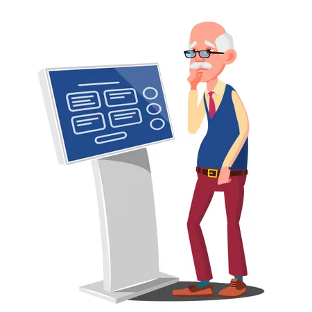Old Man Using ATM, Digital Terminal Vector Illustration