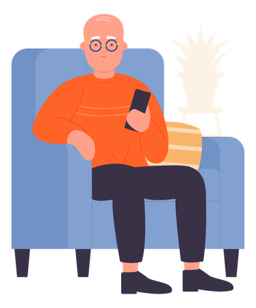 Old man using mobile on sofa  일러스트레이션