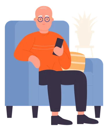 Old man using mobile on sofa  Illustration
