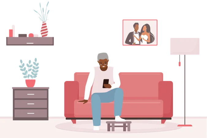 Old Man Using Mobile Phone Vector Illustration Cartoon Retired Grandfather Sitting On Sofa In Home Living Room With Smartphone To Call Children Or Grandchildren Happy Grandpa Pensioner With Glasses Illustration